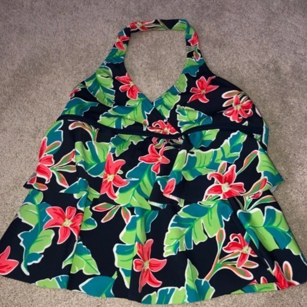 Lands‎ End Girls Size 12 Tankini Top Floral Print Navy Blue Green Red